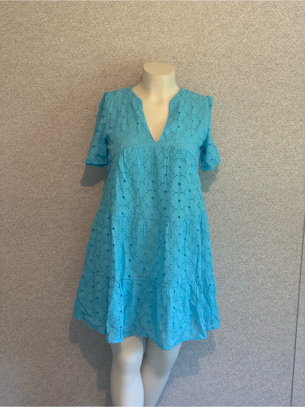 Turquoise Eyelet V-Neck Babydoll Dress